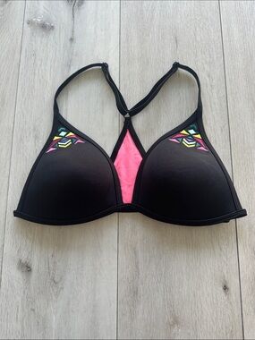 PINK Victorias Secret Embroidered Triangle Bikini Top Black M NWOT